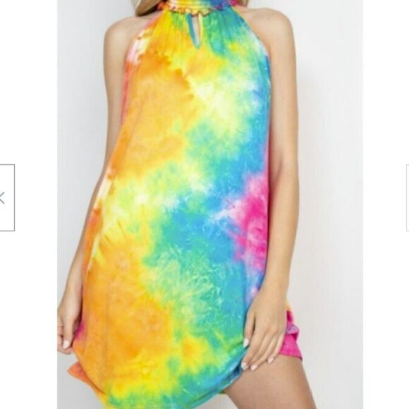 Small Dress by Perfect Peach Smocked Halter Neck Tie Dye Turquoise Blue Hot Pink - Picture 3 of 5